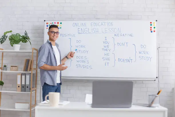 English lesson from home. Happy handsome guy with glasses points with marker to blackboard and explains rules in interior of living room, free space