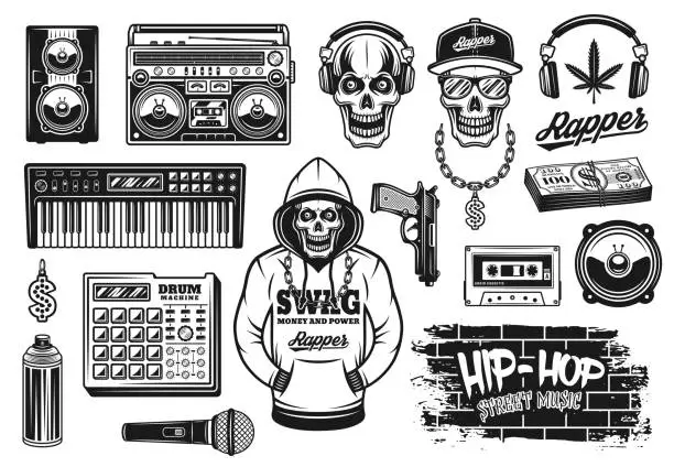 Vector illustration of Rap and hip hop music attributes set of vector objects or design elements in vintage monochrome style isolated on white background