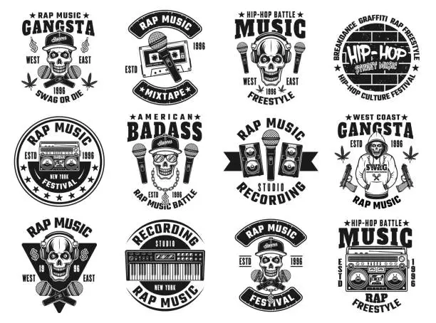 Vector illustration of Rap and hip-hop set of twelve vector emblems, labels, badges or logos in monochrome style isolated on white background