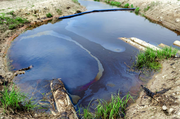 derrame de petróleo en el depósito. manchas arco iris en la superficie del agua. problema ambiental. - pollution oil oil slick water pollution fotografías e imágenes de stock