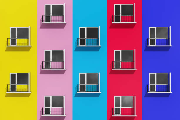 Urban Life Concept. Rows of Balconies on Multicolour Modern Building extreme closeup. 3d Rendering