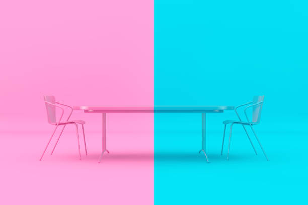 istock Confrontation Concept. Pink and Blue Chairs and Desk as Duotone Style. 3d Rendering 1269083456