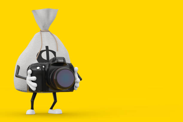 istock Tied Rustic Canvas Linen Money Sack or Money Bag and Dollar Sign Character Mascot with Modern Digital Photo Camera. 3d Rendering 1269083473