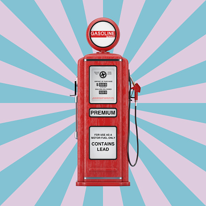 Red Retro Gas Pump on a Vintage Star Shape Pink and Blue background. 3d Rendering