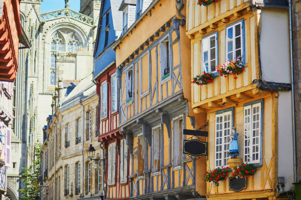 Beautiful half-timbered buildings in medieval town of Quimper, France stock photo