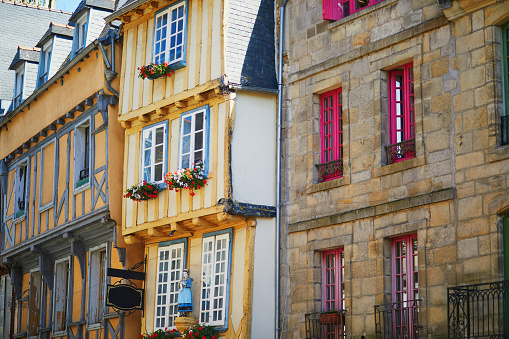 Beautiful half-timbered buildings in medieval town of Quimper, one of the most popular tourist attractions in Brittany, France