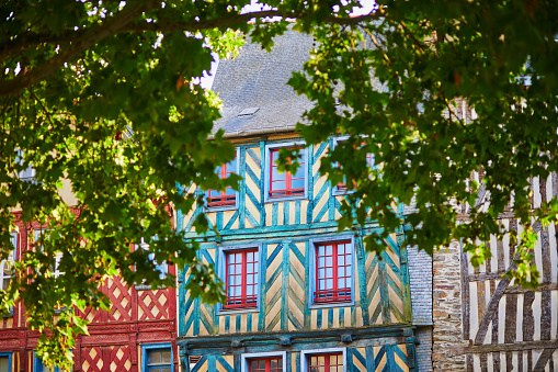 Beautiful half-timbered buildings in medieval town of Rennes, one of the most popular tourist attractions in Brittany, France