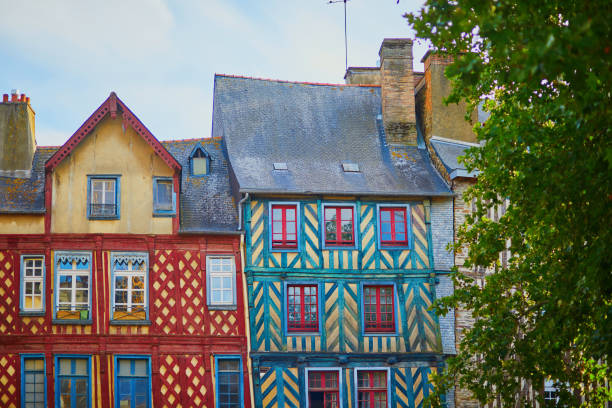 Beautiful half-timbered buildings in medieval town of Rennes, France stock photo