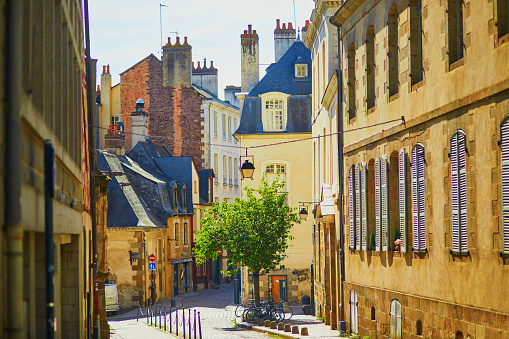 Beautiful street in medieval town of Rennes, one of the most popular tourist attractions in Brittany, France