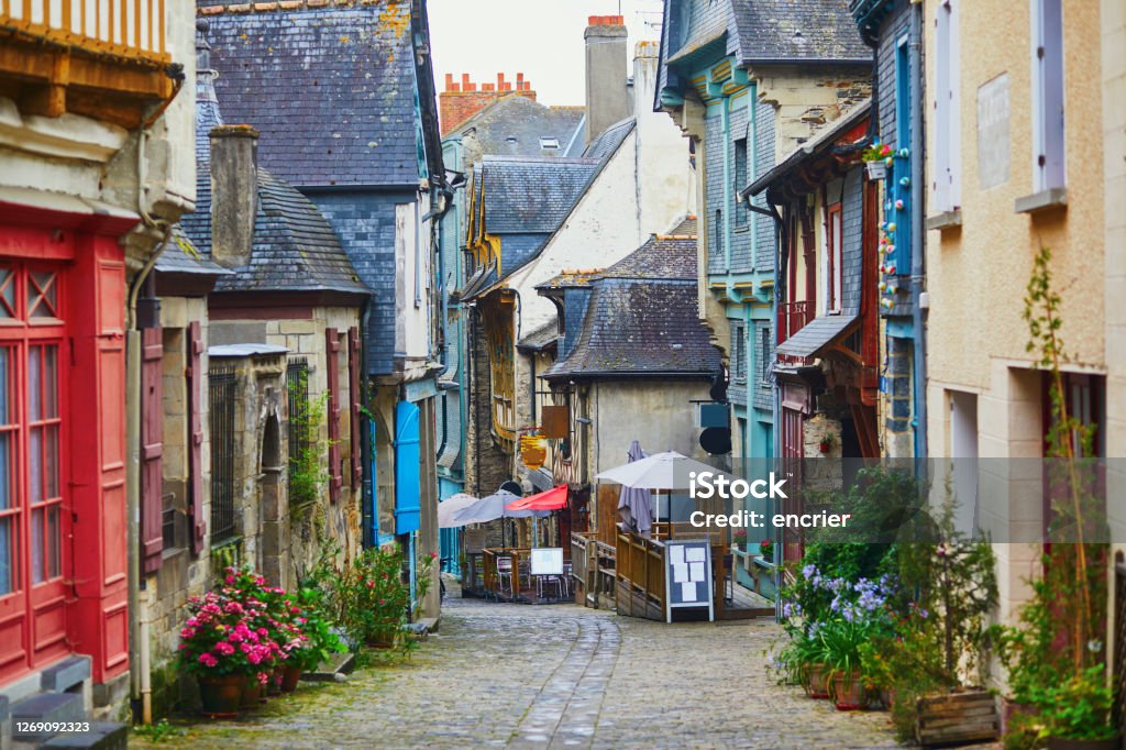 street in medieval town of Vitre, one of the most popular tourist attractions in Brittany, France Beautiful street in medieval town of Vitre, one of the most popular tourist attractions in Brittany, France Brittany - France Stock Photo