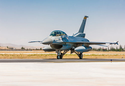 Aomori Prefecture, Japan - September 07, 2014: United States Air Force Lockheed Martin F-16C Fighting Falcon multirole fighter aircraft.