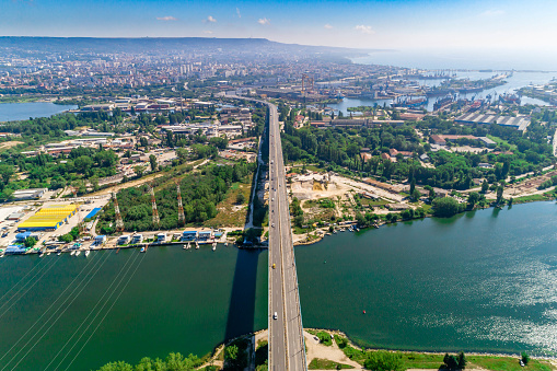 Aerial panorama drone view of Asparuhov bridge and Varna city, Bulgaria - (Bulgarian: Аспарухов мост, Варна, България). The picture was taken with DJI Phantom 4 Pro drone / quadcopter.