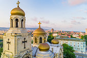 Aerial drone view of The Cathedral of the Assumption in Varna, Bulgaria - (Bulgarian: Катедралата Успение Богородично във Варна, България)