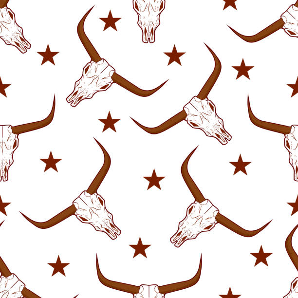 illustrazioni stock, clip art, cartoni animati e icone di tendenza di teschio di longhorn con motivo senza cuciture a stelle - horned death dead texas longhorn cattle