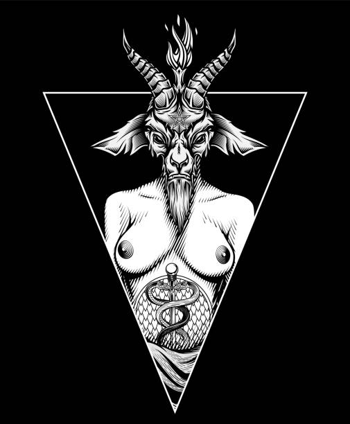 Baphomet occult t-shirt print design. Vector illustration in engraving technique of demon with goat head and woman body. Isolated on black background. satan goat stock illustrations