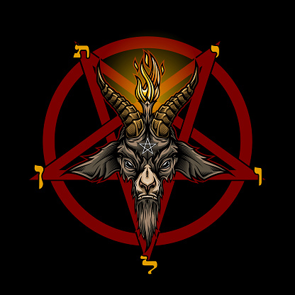 Colorful vector illustration in stylish engraving technique of goat head with torch light and pentagram. Occult symbol. Isolated on black background.