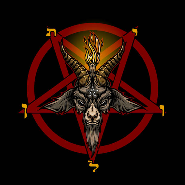 Baphomet goat head. Colorful vector illustration in stylish engraving technique of goat head with torch light and pentagram. Occult symbol. Isolated on black background. satan goat stock illustrations