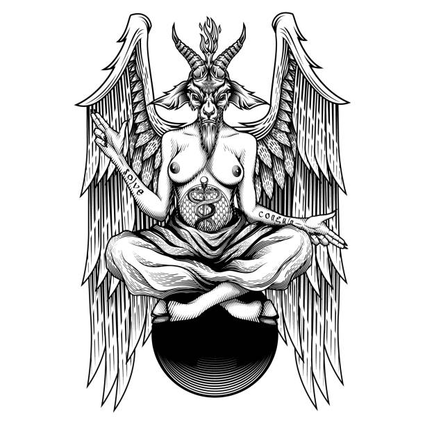 Baphomet. Vector illustration in engraving technique of demon with goat head, wings and woman body who sitting on sphere. Satanic, occult symbol. Isolated on white background. satan goat stock illustrations