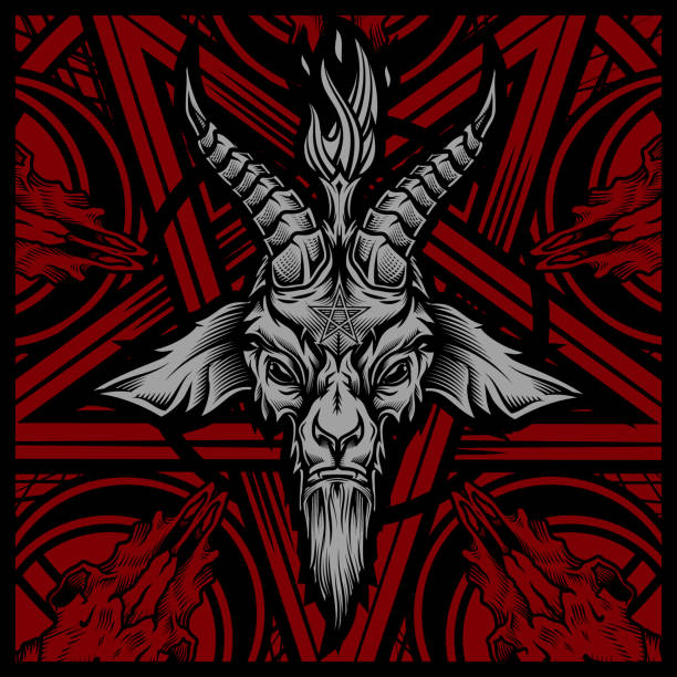 Baphomet goat head. Vector illustration in stylish engraving technique of goat head with torch light and pentagram on background. Occult symbol. satan goat stock illustrations