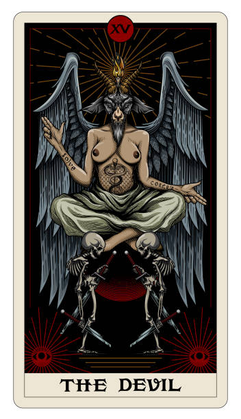 The Devil tarot card. The fifteenth trump or Major Arcana card. Colorful vector illustration in engraving technique with Baphomet and two skeletons. satan goat stock illustrations