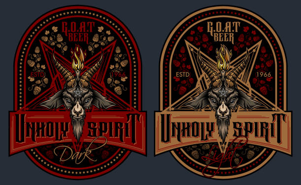 "Unholy Spirit" - beer label design. Vector illustration of Baphomet goat head in pentagram with stylish lettering and beer hops ornament. Isolated on gray background. satan goat stock illustrations