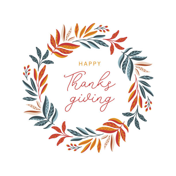 ilustrações de stock, clip art, desenhos animados e ícones de happy thanksgiving wreath with colorful leaves and berries - tree autumn thanksgiving leaf