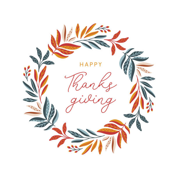 renkli yaprakları ve çilek ile mutlu şükran çelenk - thanksgiving stock illustrations