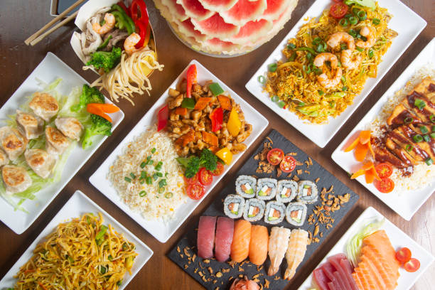 istock Typical Chinese food top view on wooden background. 1269099053