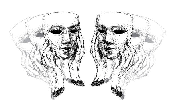 Mask in hands.Theater. Hypocrite, pretender, trickster, many faces. Black and white. carnival mask, antique theater. self-rexia, reflection. Mask in hands.Theater illustration vector. Hypocrite, pretender, trickster, many faces. Black and white.venetian carnival mask, antique theater. self-rexia, look deep into yourself, reflection. hypocrisy stock illustrations