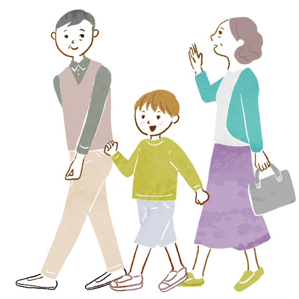 ilustrações de stock, clip art, desenhos animados e ícones de illustration where an old couple and grandchild walk - illustration and painting watercolor painting people couple