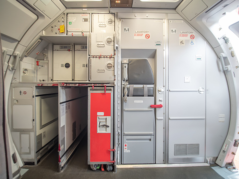 Aircraft aft galley with full of storage unit. The picture show how it look like.