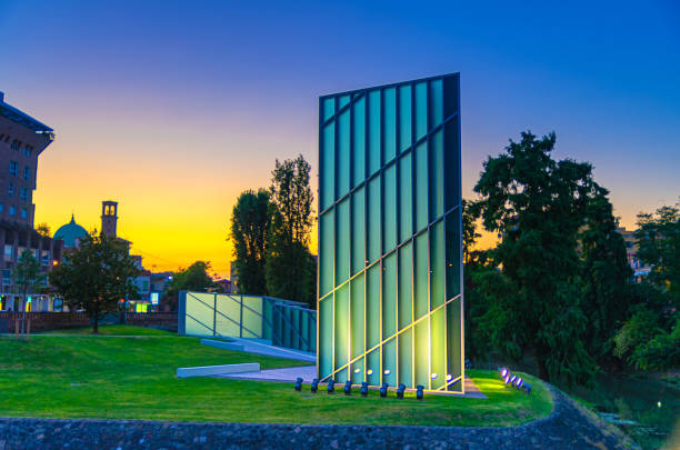 Padua, Italy, September 12, 2019: The Memoria e Luce is a memorial for victims of the 9 11 attacks on New York City in city centre, Memory and light monument, twilight evening view