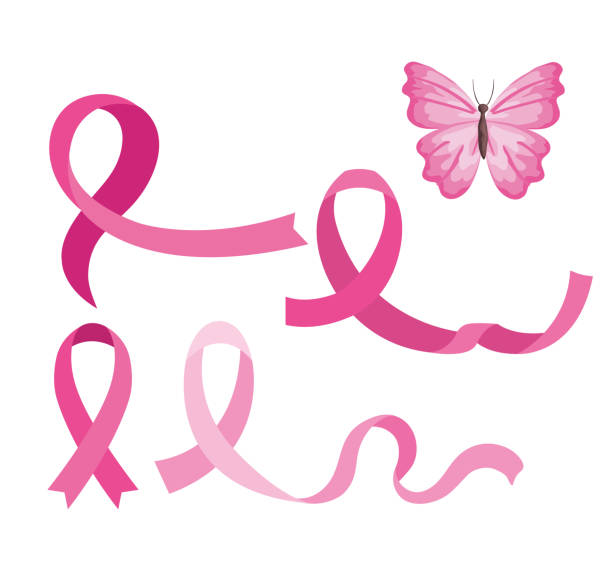 흰색 배경에 나비가있는 분홍색 리본 세트 - breast cancer awareness ribbon stock illustrations