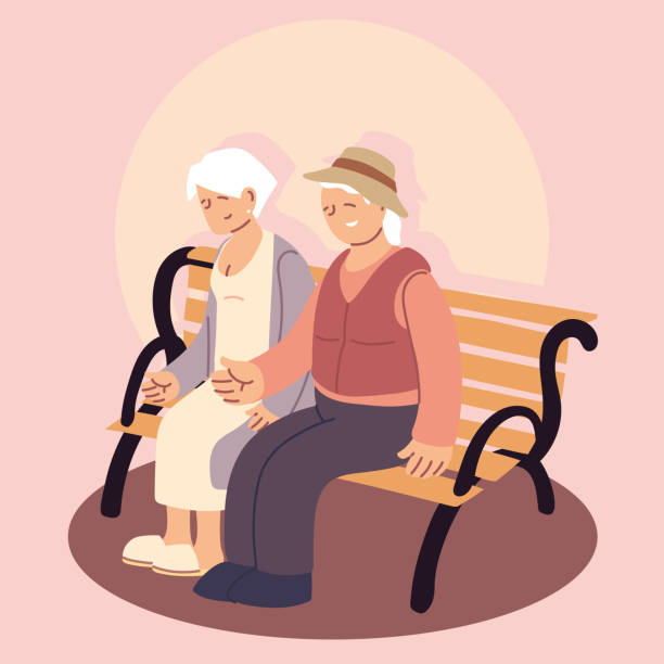 행복한 조부모의 날, 노인 부부는 야외에 앉아 - senior adult grandmother grandfather cards stock illustrations