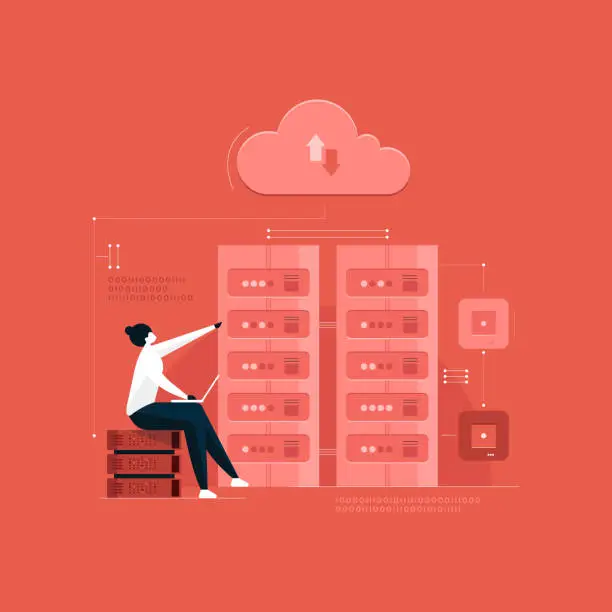 Vector illustration of Cloud hosting technology, data center, digital server room