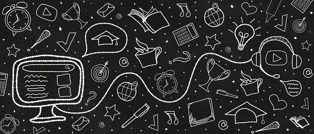School doodles on a black background with chalkboard texture. Online courses concept