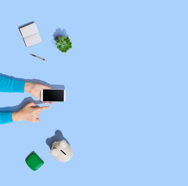 istock Person using smartphone with piggy bank 1269117598