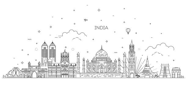 reise- und tourismushintergrund. vektorhintergrund. liniendarstellung. line-art-stil - delhi new delhi panoramic india stock-grafiken, -clipart, -cartoons und -symbole