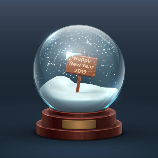 ilustraciones, imágenes clip art, dibujos animados e iconos de stock de globo de nieve. copa de nieve de cristal de vacaciones de navidad con cartel de madera y texto feliz de año nuevo. ilustración vectorial aislada - snow globe dome glass transparent