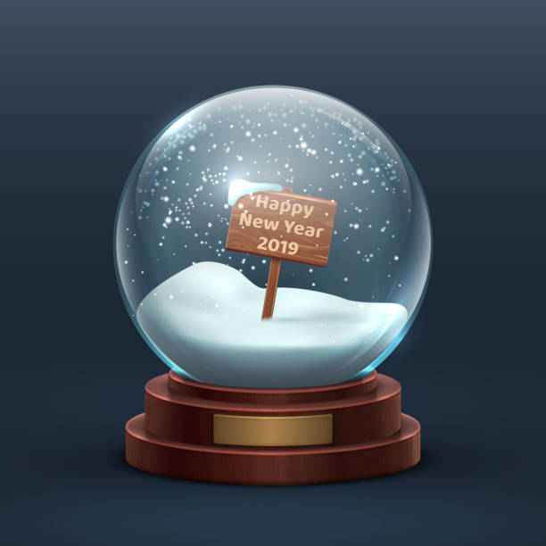 스노우 글로브. 나무 표지판과 행복한 새해 텍스트크리스마스 휴일 유리 스노우 글로브. 격리된 벡터 그림 - snow globe dome glass transparent stock illustrations