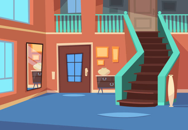 Cartoon Hallway House Entrance Interior With Stairs And Mirror Cartoon  Indoor Vector Background Stock Illustration - Download Image Now - iStock