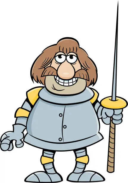 Vector illustration of Cartoon smiling knight holding a lance.