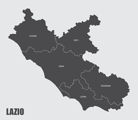 The Lazio region map divided in provinces with labels, Italy