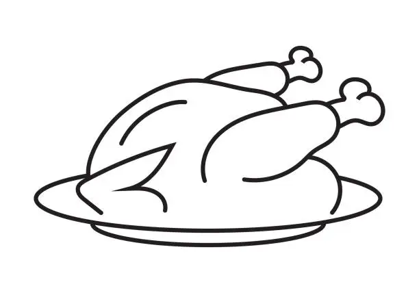 Vector illustration of Thanksgiving dinner roast turkey line art icon for apps or websites