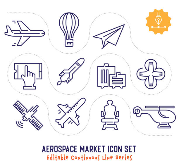 ilustrações, clipart, desenhos animados e ícones de pacote de ícones de linha contínua editável do mercado aeroespacial - drone subindo