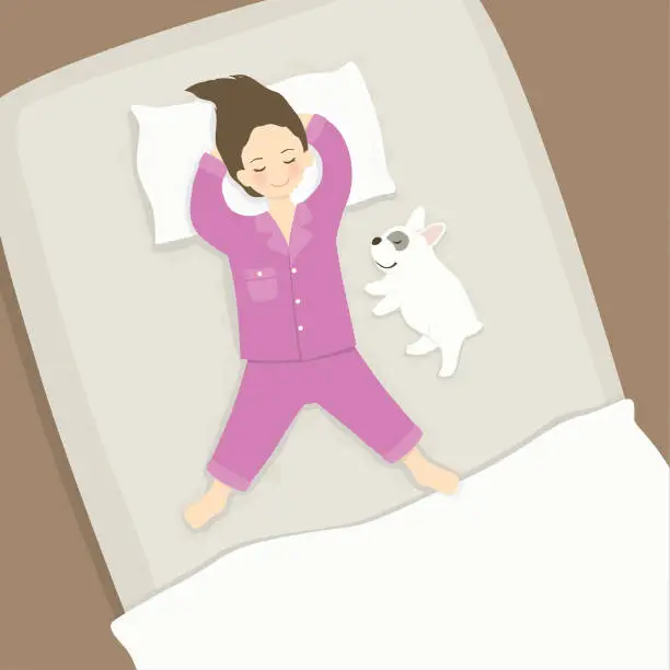 Vector illustration of Girl sleeping with dog in bed
