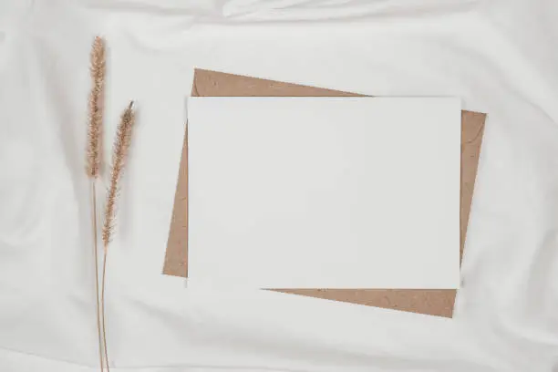 Photo of Blank white paper on brown paper envelope with Bristly foxtail dry flower on white cloth. Mock-up of horizontal blank greeting card. Top view of Craft envelope on white background. Flat lay minimalism