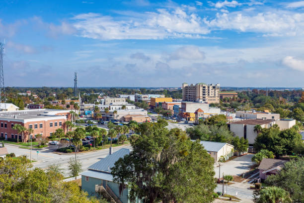 Aerial view of Broadway Street in downtown Kissimmee Florida on a beautiful "chamber of commerce" day. stock photo