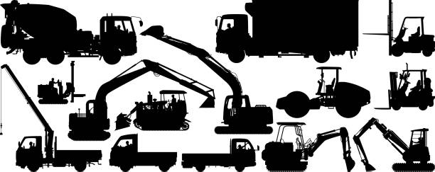 illustrazioni stock, clip art, cartoni animati e icone di tendenza di veicoli da costruzione silhouette - camion