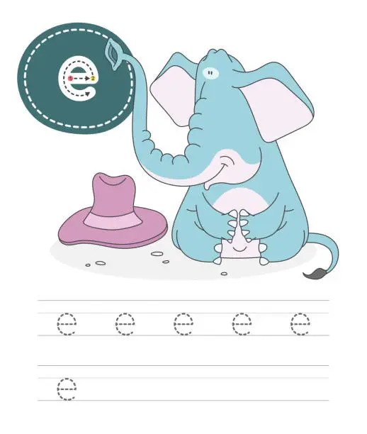 Vector illustration of Learning to write a letter - E. A practical sheet from a set of exercises game for kids. Cartoon funny animal with letter. Spelling the alphabet. Child development and education. Elefant - Vector.